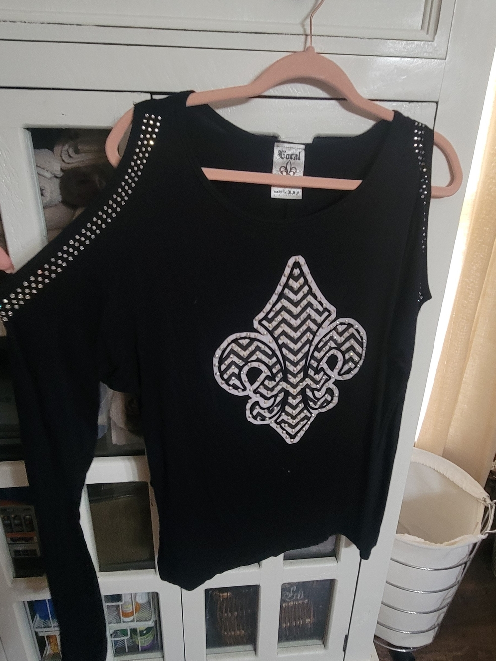 Vocal Black Cold-Shoulder Long Sleeve Top with Fleur de Lis Accent